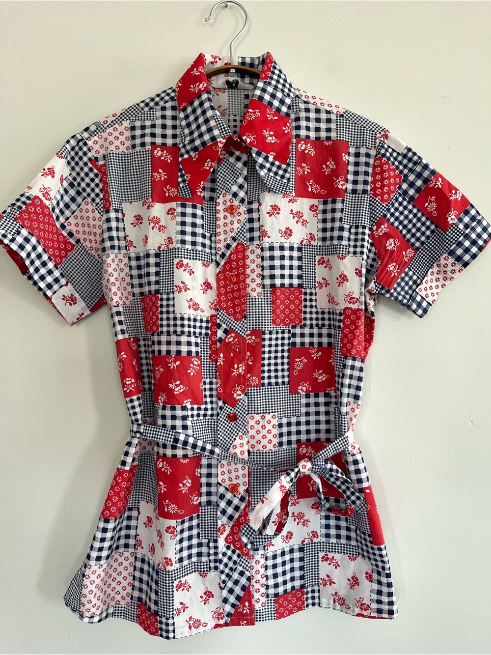 Vintage Patchwork Gingham Button-Front Short Sleeve Shirt with Tie Waist Large